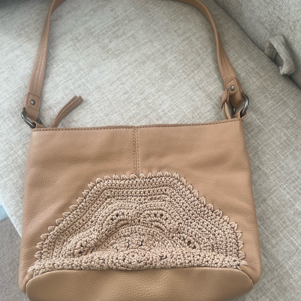The Sak Tan Leather Shoulder Bag with Crochet Embroidery